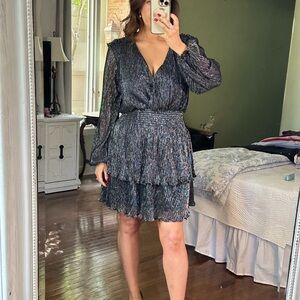 Parker "Brianna" Metallic Black Silver Mini Tiered Ruffle Smocked Dress